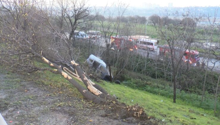 TEM’de ağaçlık alana uçan araç yandı: 1 meyyit