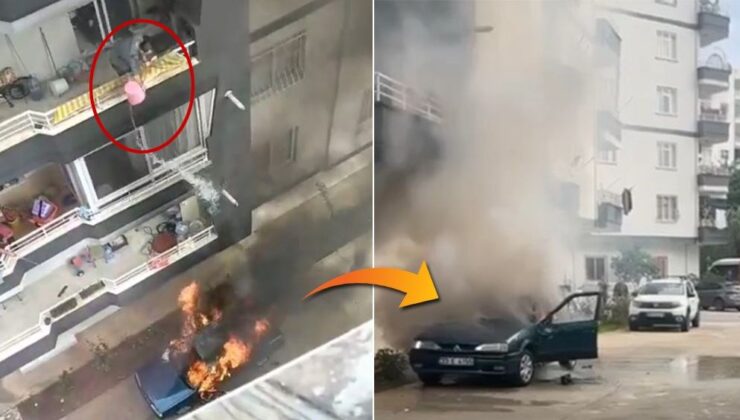 Yanan araca, balkondan kova ile su dökerek müdahale etti